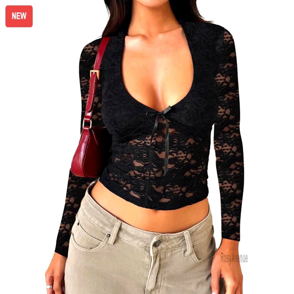 Long Sleeve Lace Blouse Deep V Neck Bow Tie Y2K Slim Fit Top